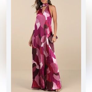New Lulus Sz XS Prime Poise Pink Multi Abstract Satin Halter Maxi Dress